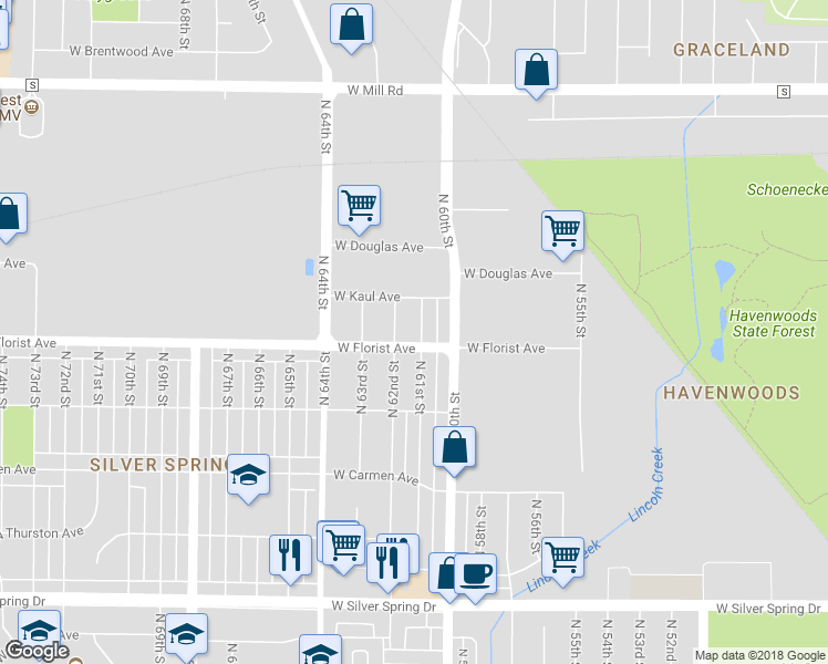 map of restaurants, bars, coffee shops, grocery stores, and more near 6015 North 61st Street in Milwaukee
