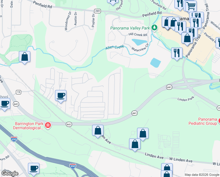 map of restaurants, bars, coffee shops, grocery stores, and more near 46 Gennis Drive in Rochester
