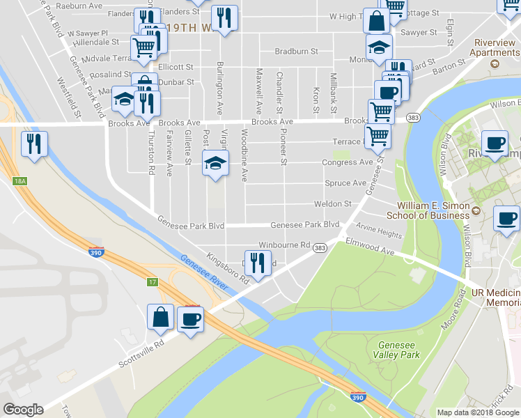 map of restaurants, bars, coffee shops, grocery stores, and more near 221 Weldon Street in Rochester