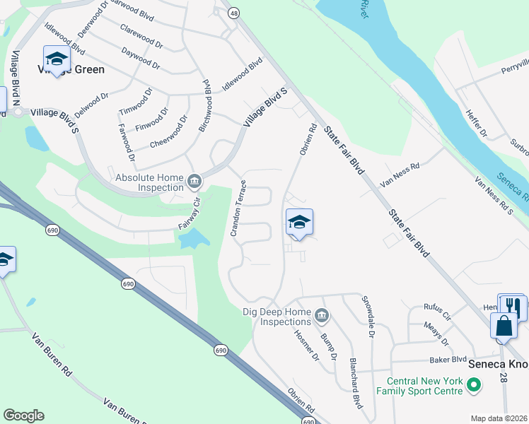 map of restaurants, bars, coffee shops, grocery stores, and more near 115 Dogleg Drive in Baldwinsville