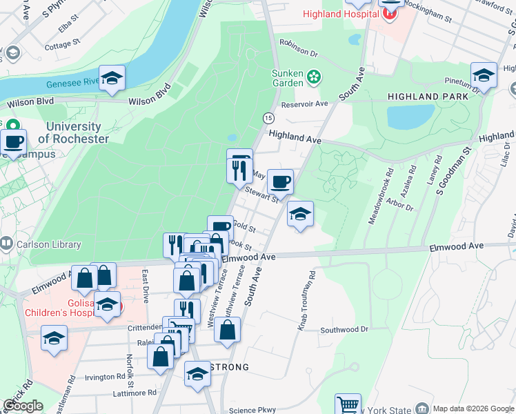 map of restaurants, bars, coffee shops, grocery stores, and more near 63 Langslow Street in Rochester