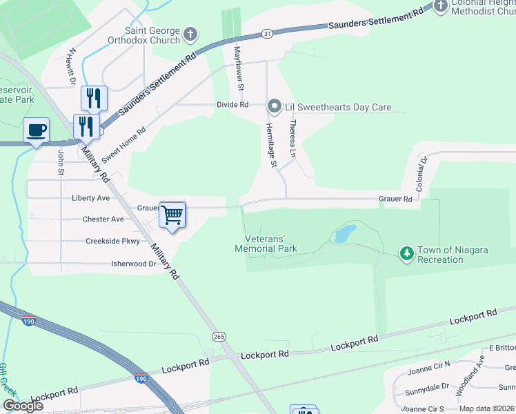 map of restaurants, bars, coffee shops, grocery stores, and more near 5819 Grauer Road in Niagara Falls