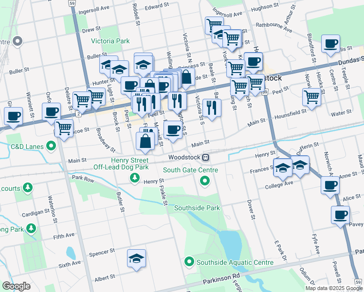 map of restaurants, bars, coffee shops, grocery stores, and more near 507 Main Street in Woodstock