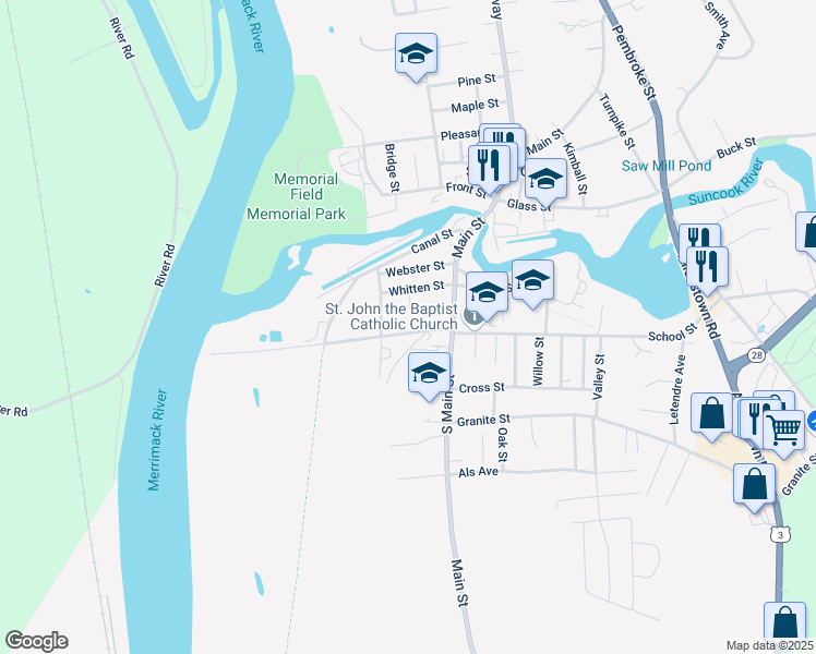 map of restaurants, bars, coffee shops, grocery stores, and more near 12 Ferry Street in Allenstown