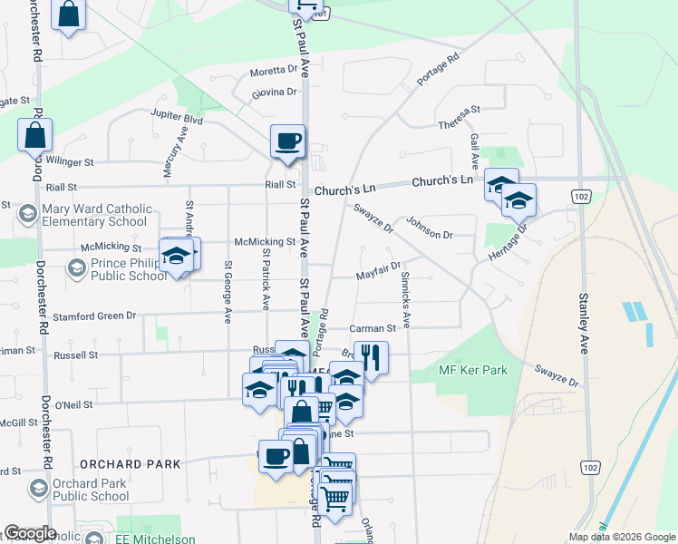 map of restaurants, bars, coffee shops, grocery stores, and more near in Niagara Falls