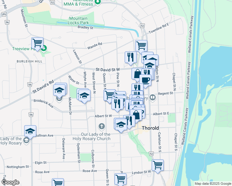 map of restaurants, bars, coffee shops, grocery stores, and more near 33 Pine Street North in Thorold
