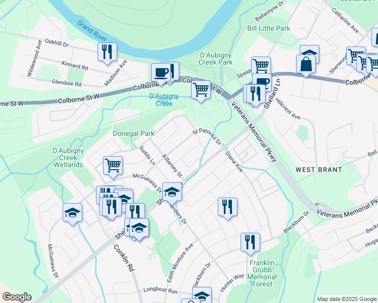 map of restaurants, bars, coffee shops, grocery stores, and more near 16 Shannon Street in Brantford