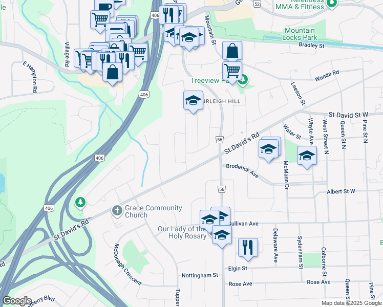 map of restaurants, bars, coffee shops, grocery stores, and more near 6 Hillgarden Road in Saint Catharines