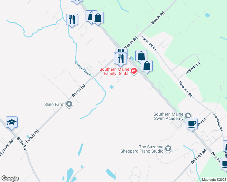 map of restaurants, bars, coffee shops, grocery stores, and more near 38 Levesque Drive in Eliot