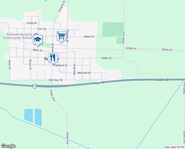 map of restaurants, bars, coffee shops, grocery stores, and more near Old Highway 18 in Ruthven