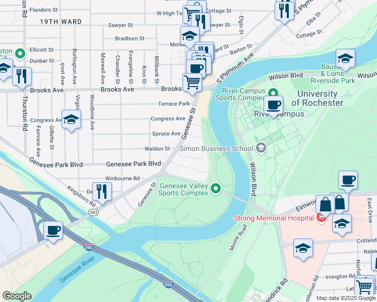 map of restaurants, bars, coffee shops, grocery stores, and more near 25 Oak Hill View in Rochester