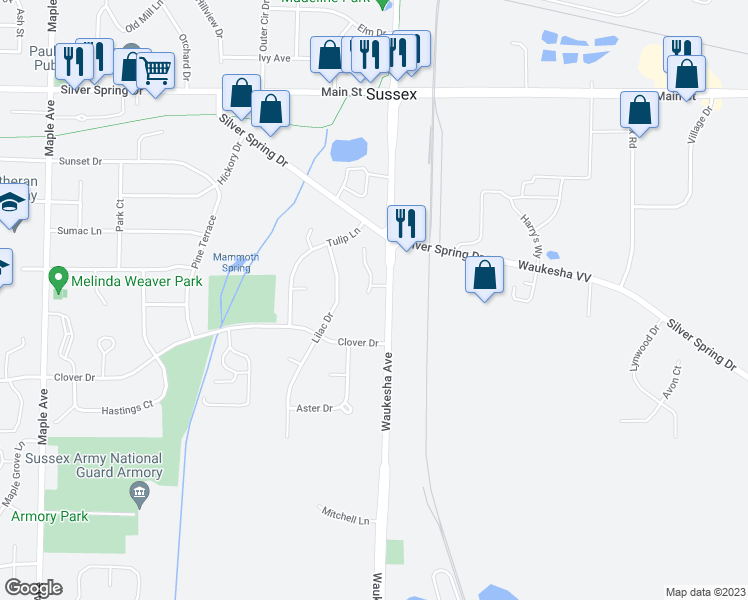 map of restaurants, bars, coffee shops, grocery stores, and more near W232N6040 Teakwood Court in Sussex