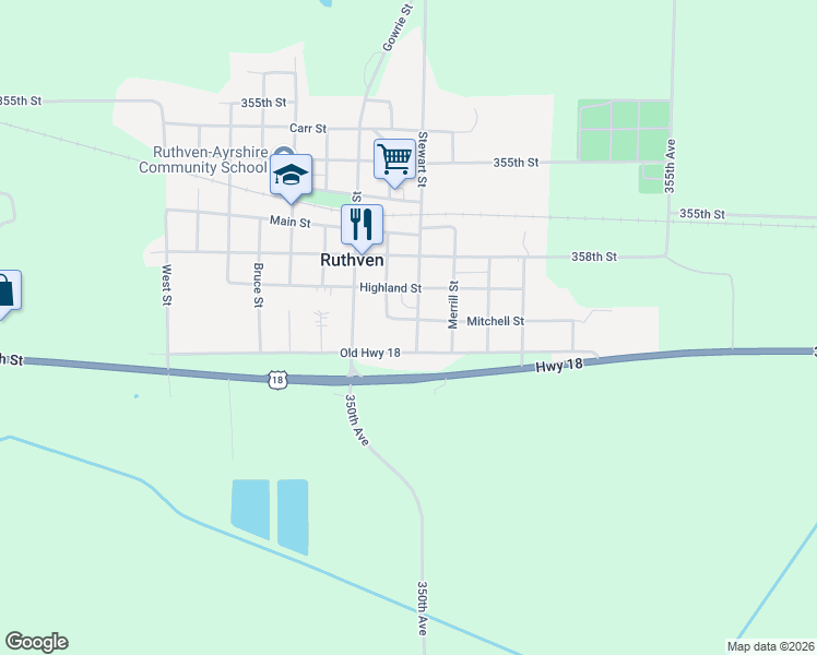 map of restaurants, bars, coffee shops, grocery stores, and more near Old Highway 18 in Ruthven