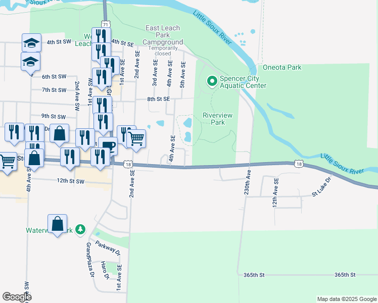 map of restaurants, bars, coffee shops, grocery stores, and more near 1022 5th Avenue Southeast in Spencer