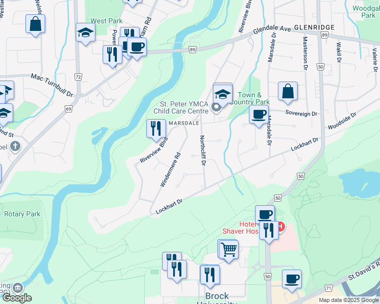 map of restaurants, bars, coffee shops, grocery stores, and more near 7 Glenayr Place in St. Catharines