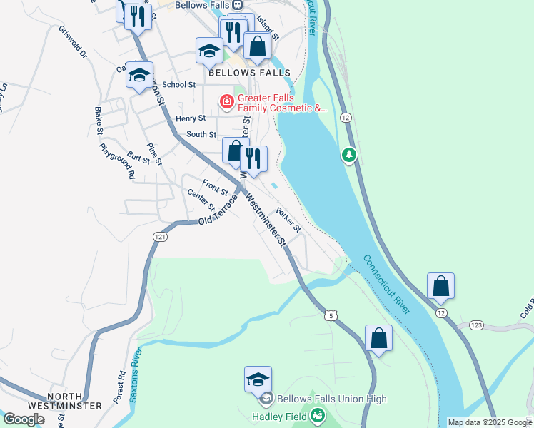 map of restaurants, bars, coffee shops, grocery stores, and more near 138 Westminster Street in Town of Rockingham