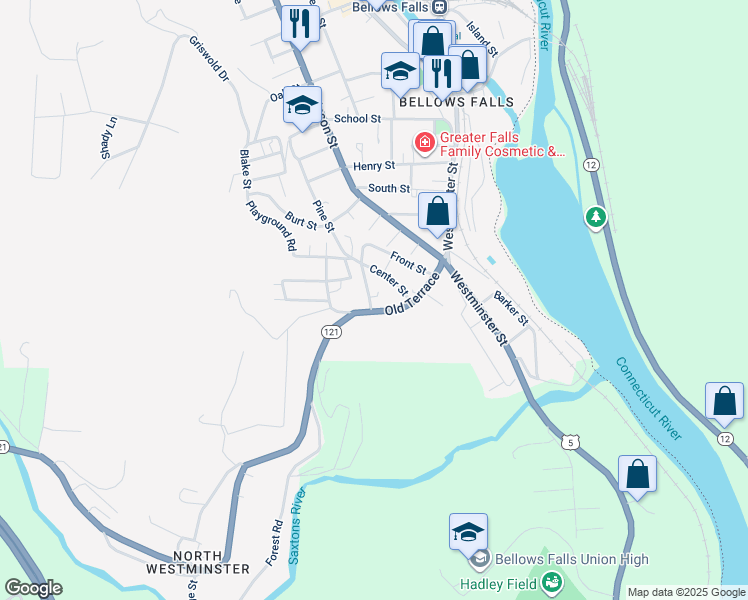 map of restaurants, bars, coffee shops, grocery stores, and more near 40 Old Terrace in Town of Rockingham