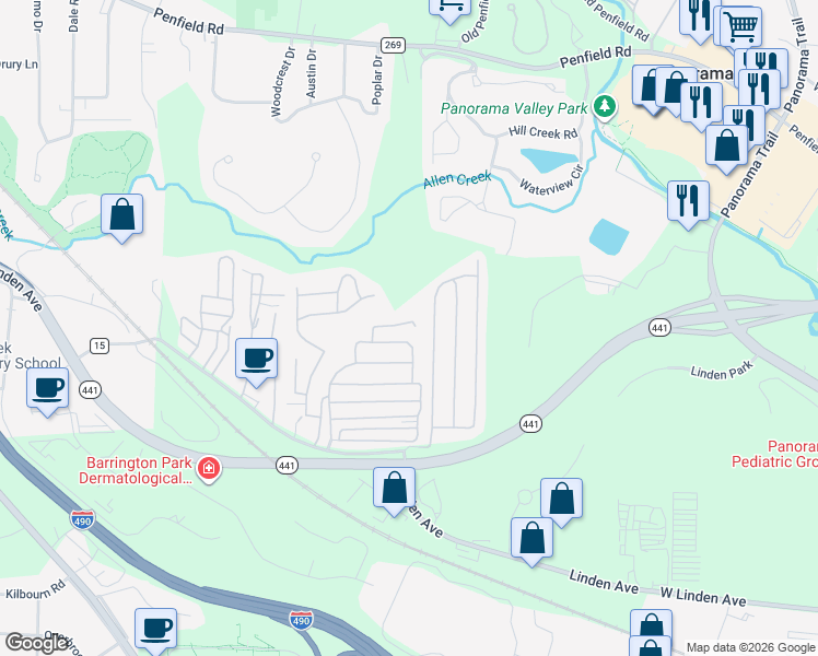 map of restaurants, bars, coffee shops, grocery stores, and more near 30 Patio Drive in Rochester