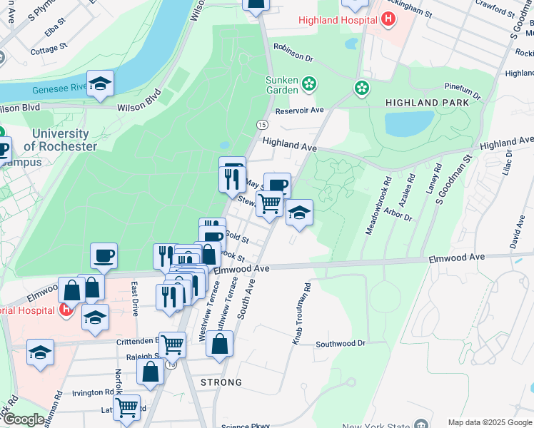 map of restaurants, bars, coffee shops, grocery stores, and more near 1449 South Avenue in Rochester