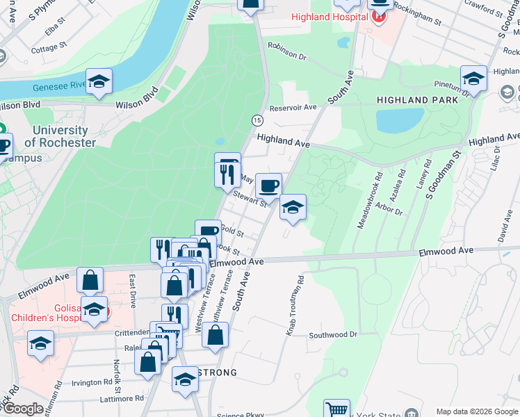 map of restaurants, bars, coffee shops, grocery stores, and more near 1449 South Avenue in Rochester