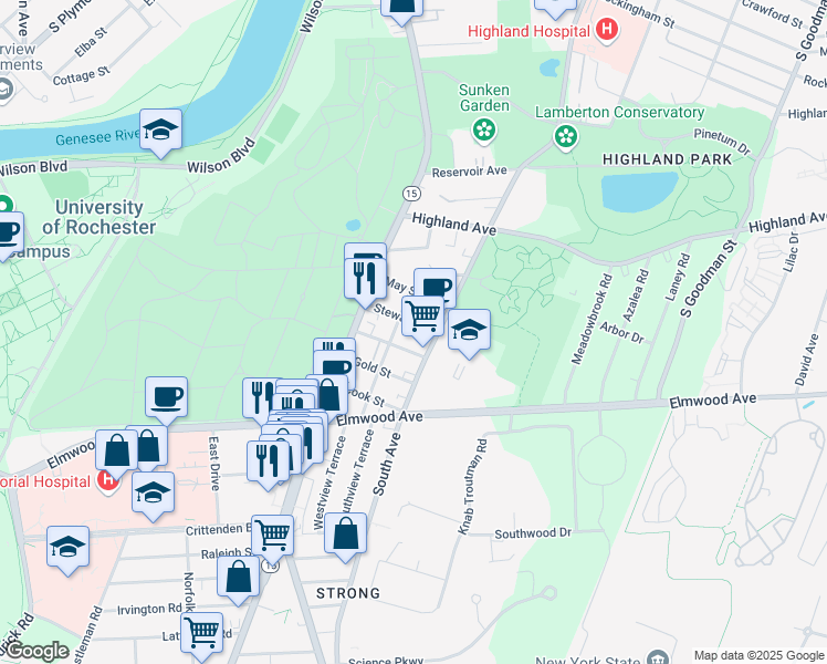 map of restaurants, bars, coffee shops, grocery stores, and more near 63 Langslow Street in Rochester