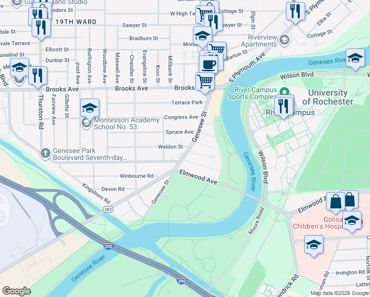 map of restaurants, bars, coffee shops, grocery stores, and more near 2 Arvine Heights in Rochester