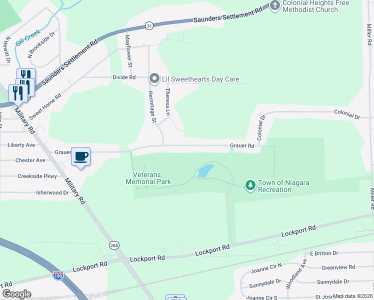 map of restaurants, bars, coffee shops, grocery stores, and more near 6307 Grauer Road in Niagara Falls