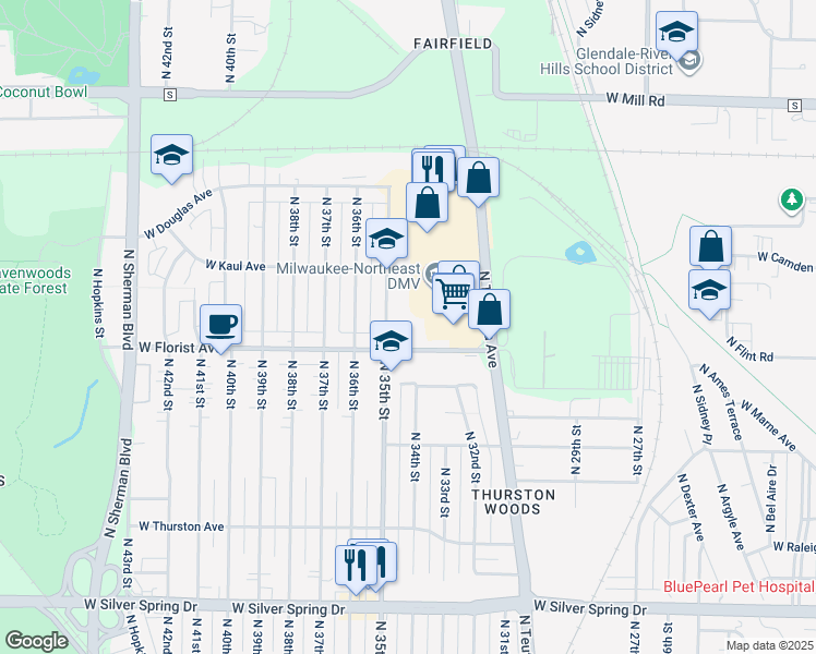 map of restaurants, bars, coffee shops, grocery stores, and more near in Milwaukee