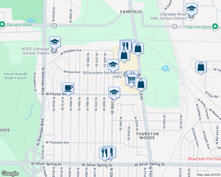 map of restaurants, bars, coffee shops, grocery stores, and more near in Milwaukee