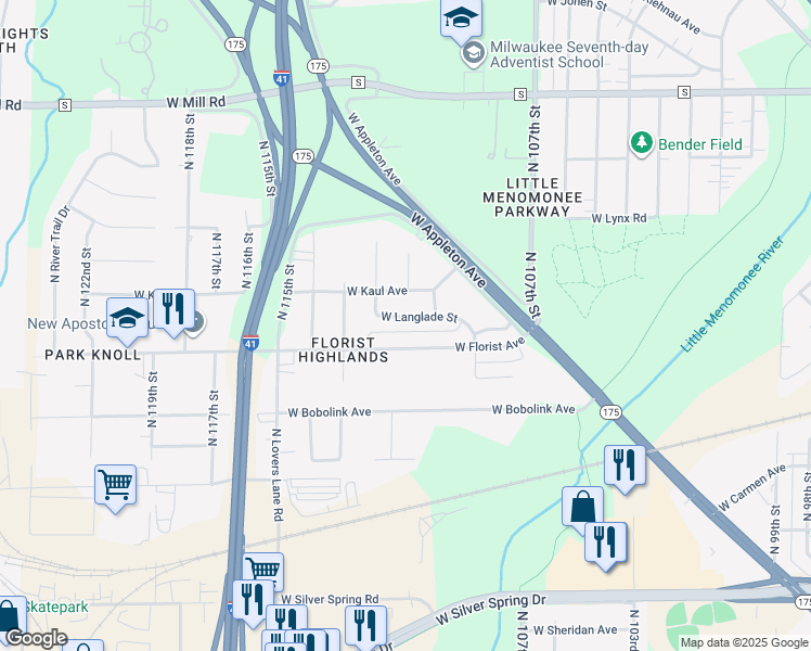 map of restaurants, bars, coffee shops, grocery stores, and more near 11032 West Florist Avenue in Milwaukee