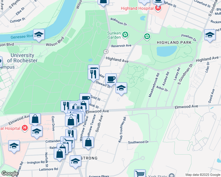 map of restaurants, bars, coffee shops, grocery stores, and more near 1449 South Avenue in Rochester