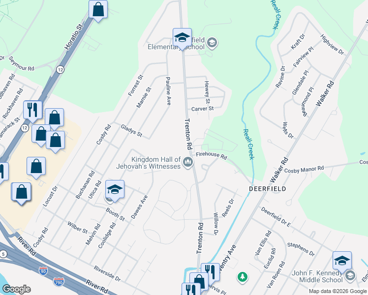 map of restaurants, bars, coffee shops, grocery stores, and more near 5469 Trenton Road in Utica