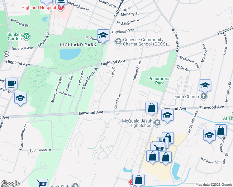 map of restaurants, bars, coffee shops, grocery stores, and more near 200 David Avenue in Rochester