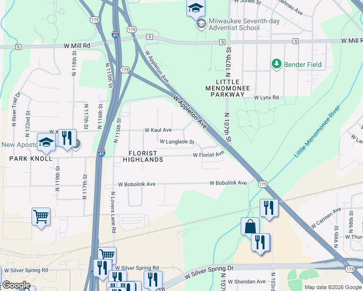 map of restaurants, bars, coffee shops, grocery stores, and more near 11032 West Florist Avenue in Milwaukee