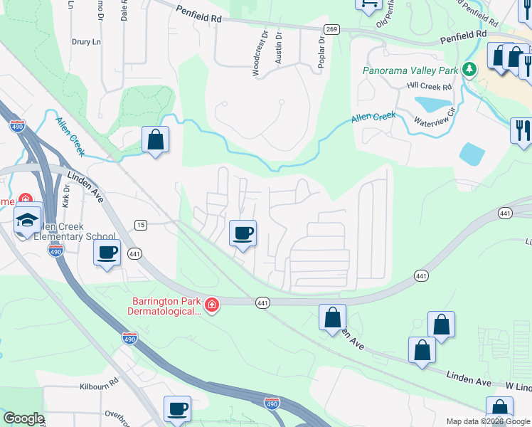 map of restaurants, bars, coffee shops, grocery stores, and more near 15 Honeysuckle Drive in Monroe County