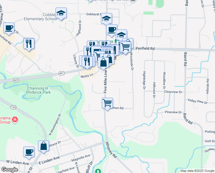 map of restaurants, bars, coffee shops, grocery stores, and more near 2168 Five Mile Line Road in Penfield