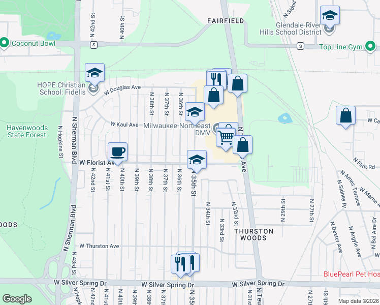 map of restaurants, bars, coffee shops, grocery stores, and more near in Milwaukee