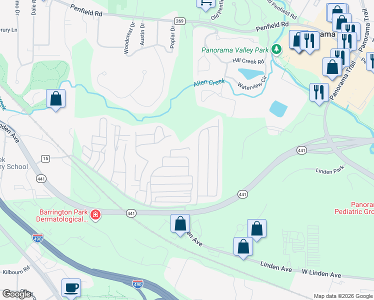 map of restaurants, bars, coffee shops, grocery stores, and more near 46 Gennis Dr in Rochester