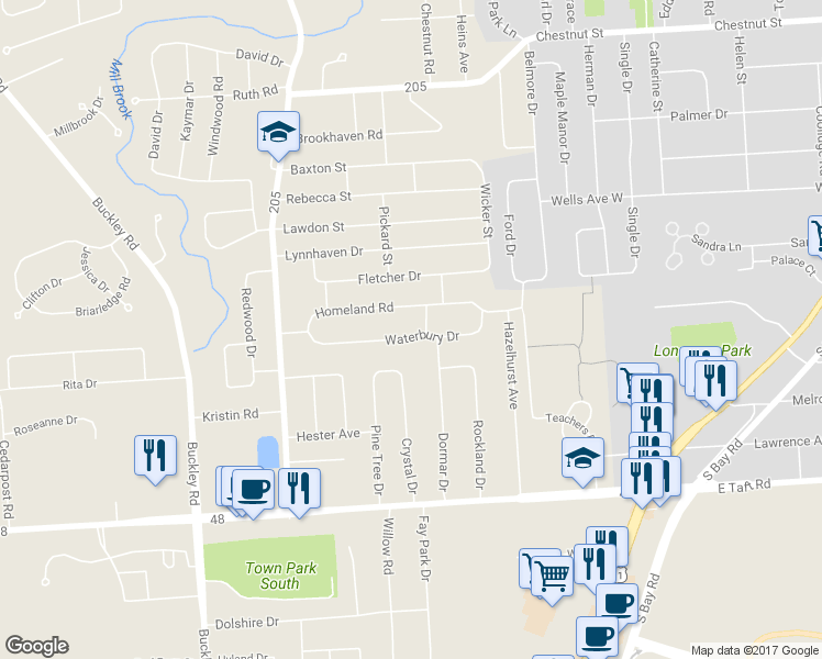 map of restaurants, bars, coffee shops, grocery stores, and more near 39 Waterbury Drive in Syracuse