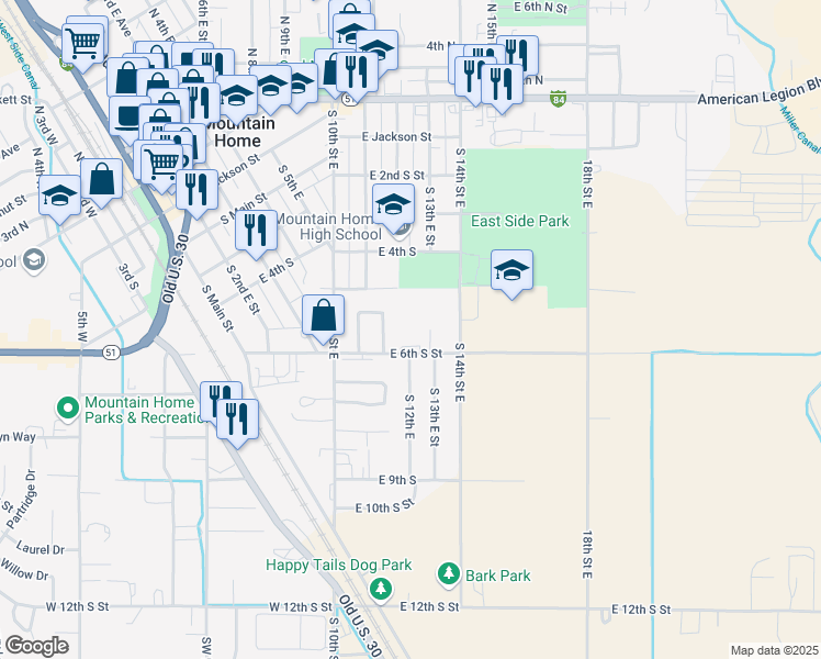 map of restaurants, bars, coffee shops, grocery stores, and more near 1200 East 6th South Street in Mountain Home