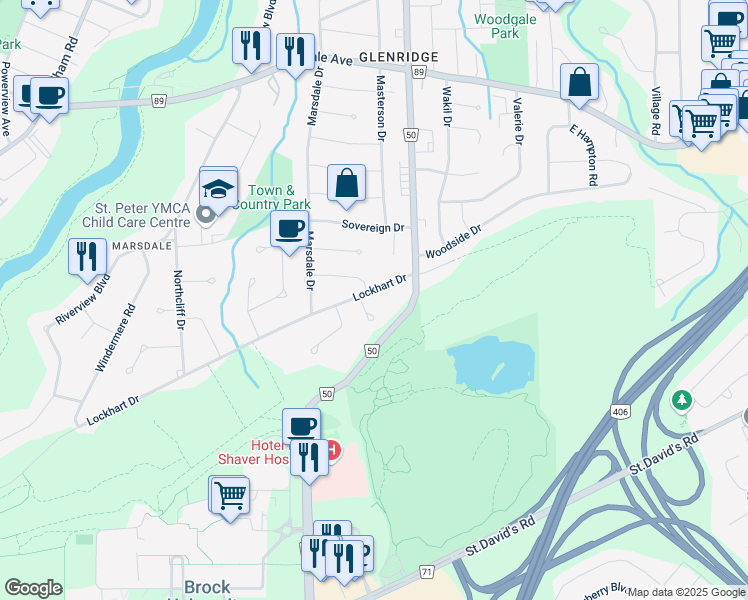map of restaurants, bars, coffee shops, grocery stores, and more near 212 Lockhart Drive in Saint Catharines