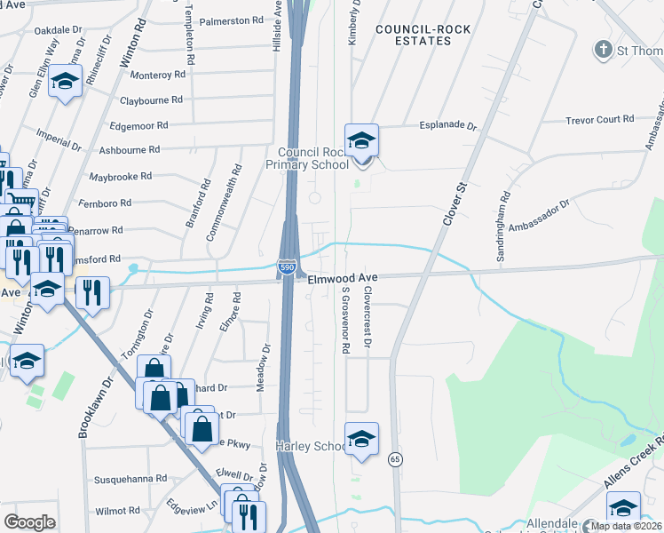map of restaurants, bars, coffee shops, grocery stores, and more near 3122 Elmwood Avenue in Brighton