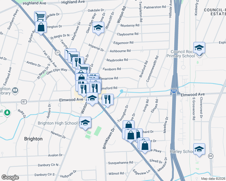 map of restaurants, bars, coffee shops, grocery stores, and more near 24 Chelmsford Road in Rochester