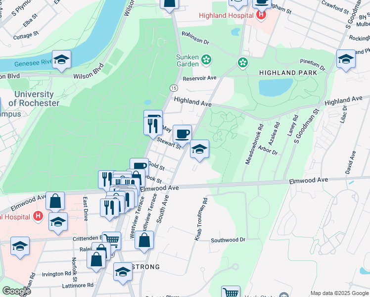 map of restaurants, bars, coffee shops, grocery stores, and more near 87 May Street in Rochester