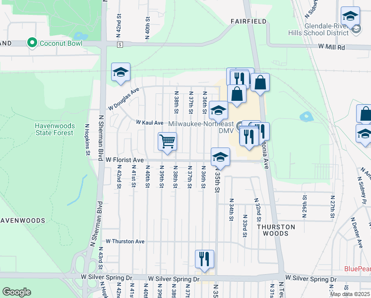 map of restaurants, bars, coffee shops, grocery stores, and more near 6061A North 37th Street in Milwaukee