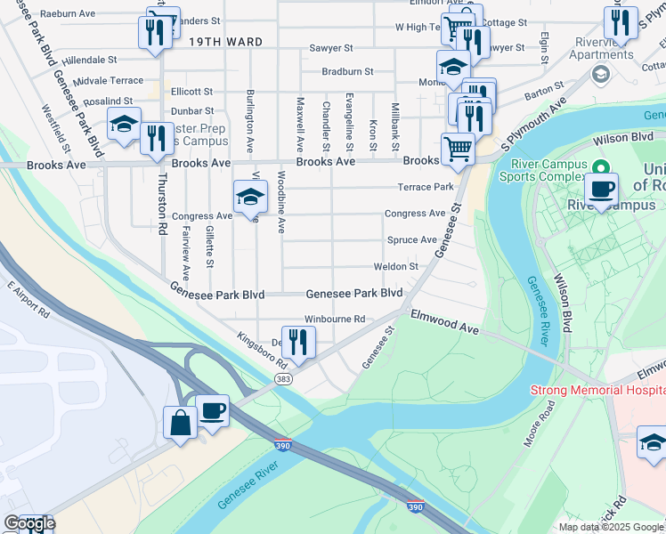 map of restaurants, bars, coffee shops, grocery stores, and more near Pioneer Street & Weldon Street in Rochester
