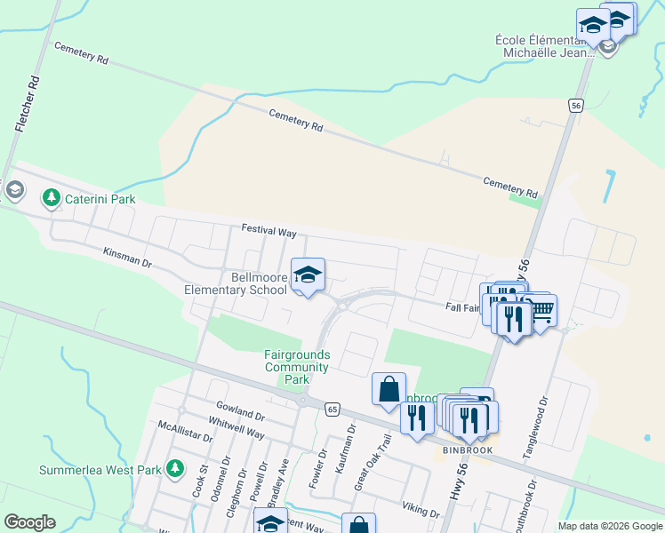 map of restaurants, bars, coffee shops, grocery stores, and more near 71 Fairgrounds Drive in Hamilton