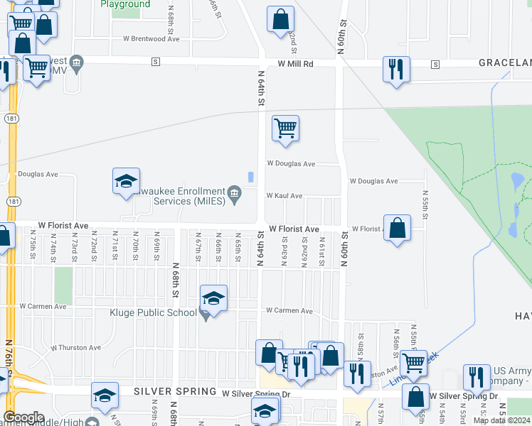 map of restaurants, bars, coffee shops, grocery stores, and more near 6018 North 64th Street in Milwaukee