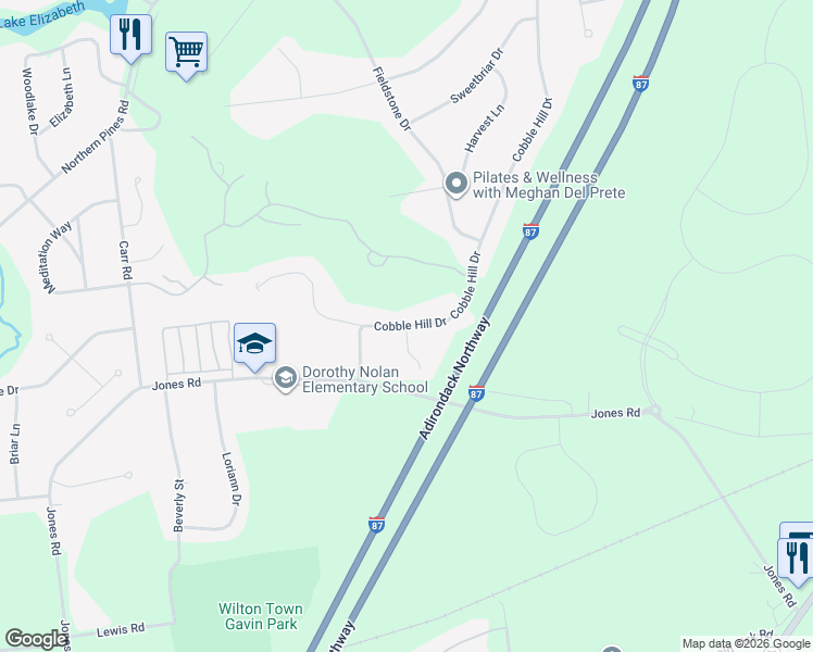 map of restaurants, bars, coffee shops, grocery stores, and more near Cobble Hill Dr & Roberts Ct in Gansevoort