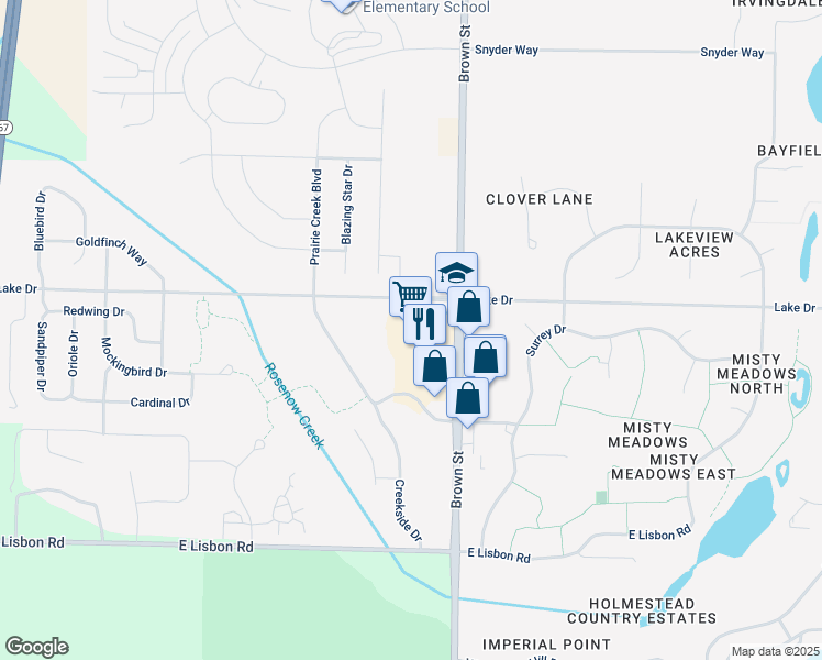 map of restaurants, bars, coffee shops, grocery stores, and more near 1280 Brown Street in Oconomowoc